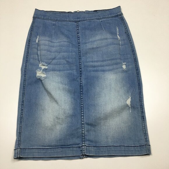 BEBE Blue Med/Light Wash Distressed Stretchy Denim Pencil Skirt - Picture 1 of 9